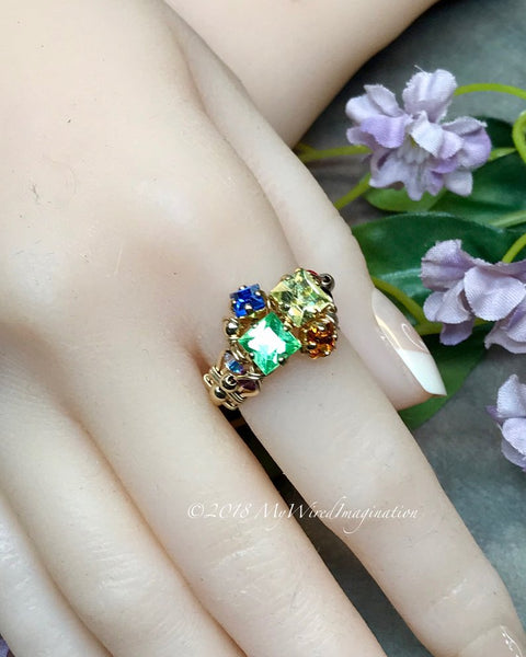 Multi-Stone Ring, Swarovski Crystal Handmade Ring 14K GF US Size 6.5