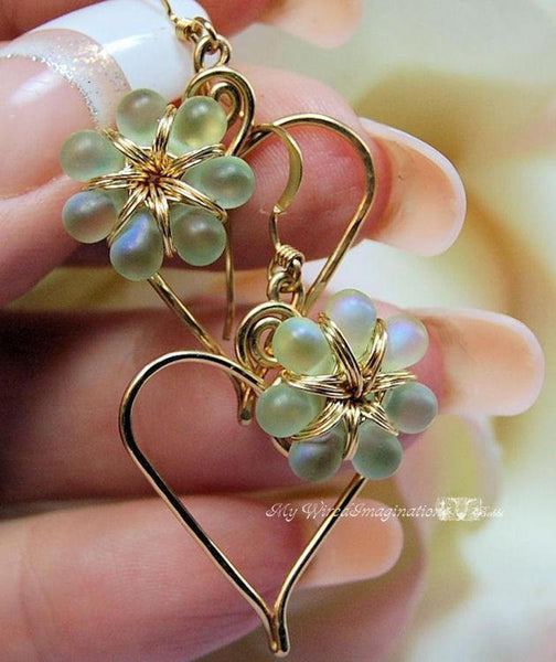 Charming Hearts Earrings in 14k GF, Pale Green AB Flowers Handmade Earrings