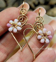 Charming Hearts Earrings in 14k GF, Tiny Pink Flower Handmade Earrings