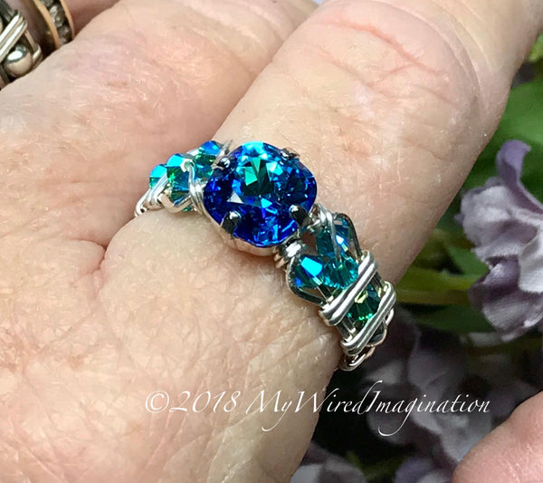 Bermuda Blue, Vintage Swarovski Crystal Handmade Ring, Sterling Silver, US Size 7.5