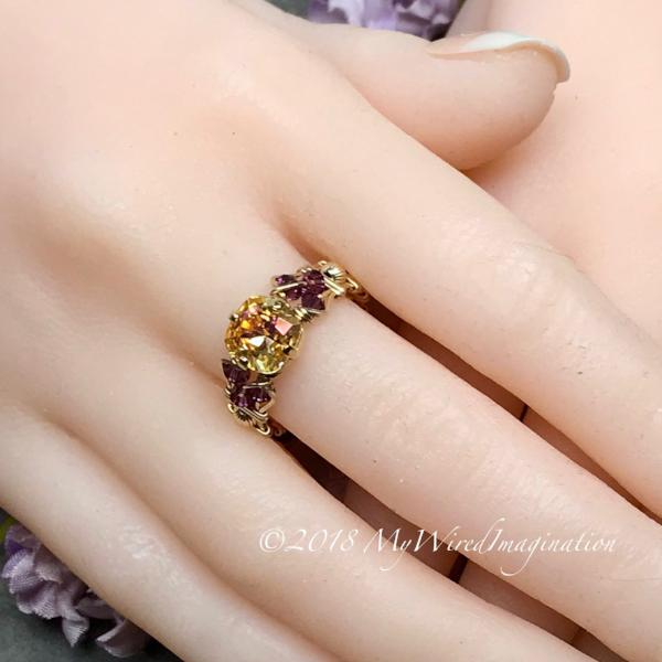 Swarovski Crystal Handmade Ring, Amber Blush & Amethyst, 14K GF Size 7