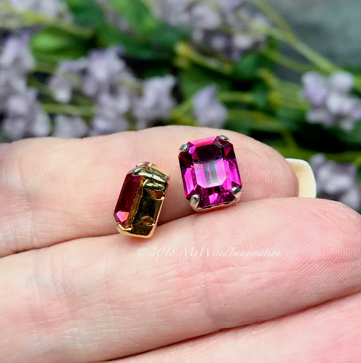Fuchsia Octagon Rhinestone, 2 pcs Swarovski Crystal 10x8mm, With Setti ...
