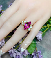 Hot Pink Sapphire and Swarovski Pearl Handmade Ring 14K GF US Size 5