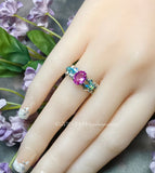 Pink Sapphire and Swarovski Crystal Handmade Ring Sterling Silver US Size 4.5