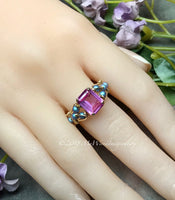 Blue Crystal Pearl & Hot Pink Sapphire Handmade Ring 14K GF, US Size 8