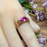 Bright Pink Sapphire Handmade Ring, Lab Created Pink Sapphire in 14K Gold US Size 5.5