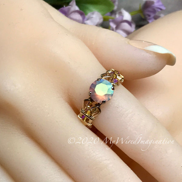 Swarovski Pastel Blush Rose AB Crystal Handmade Ring, Unique Engagement Ring
