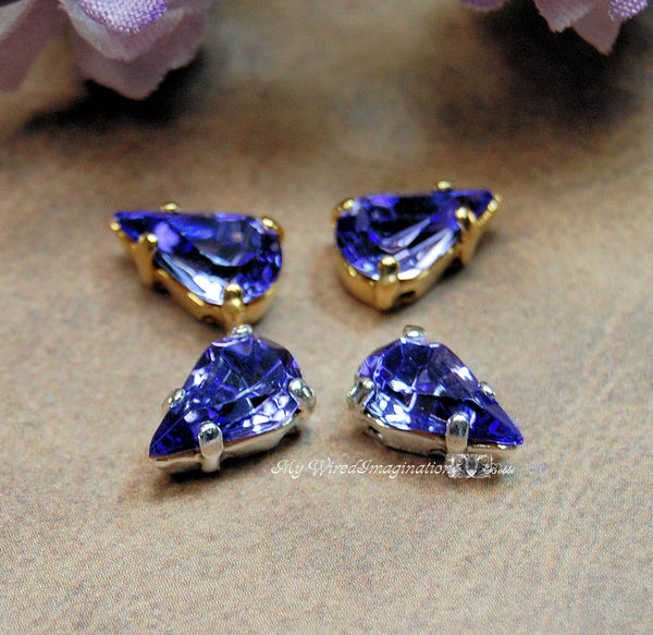 Tanzanite, Vintage Glass Cabochon, 2 Pcs 10x6mm Pears With Setting