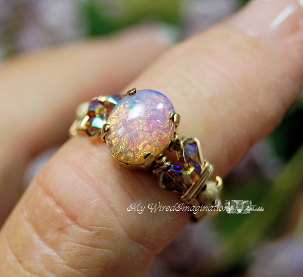 Dainty Pink Opal Ring, Vintage West German Glass Stone, Handmade Ring, Made to Order