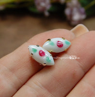 Hand-painted Milk Glass, Pink Green Flower Crystal, 2 Pcs Vintage 15x7mm Navette 4200 With Setting