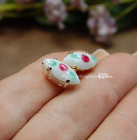 Hand-painted Milk Glass, Pink Green Flower Crystal, 2 Pcs Vintage 15x7mm Navette 4200 With Setting
